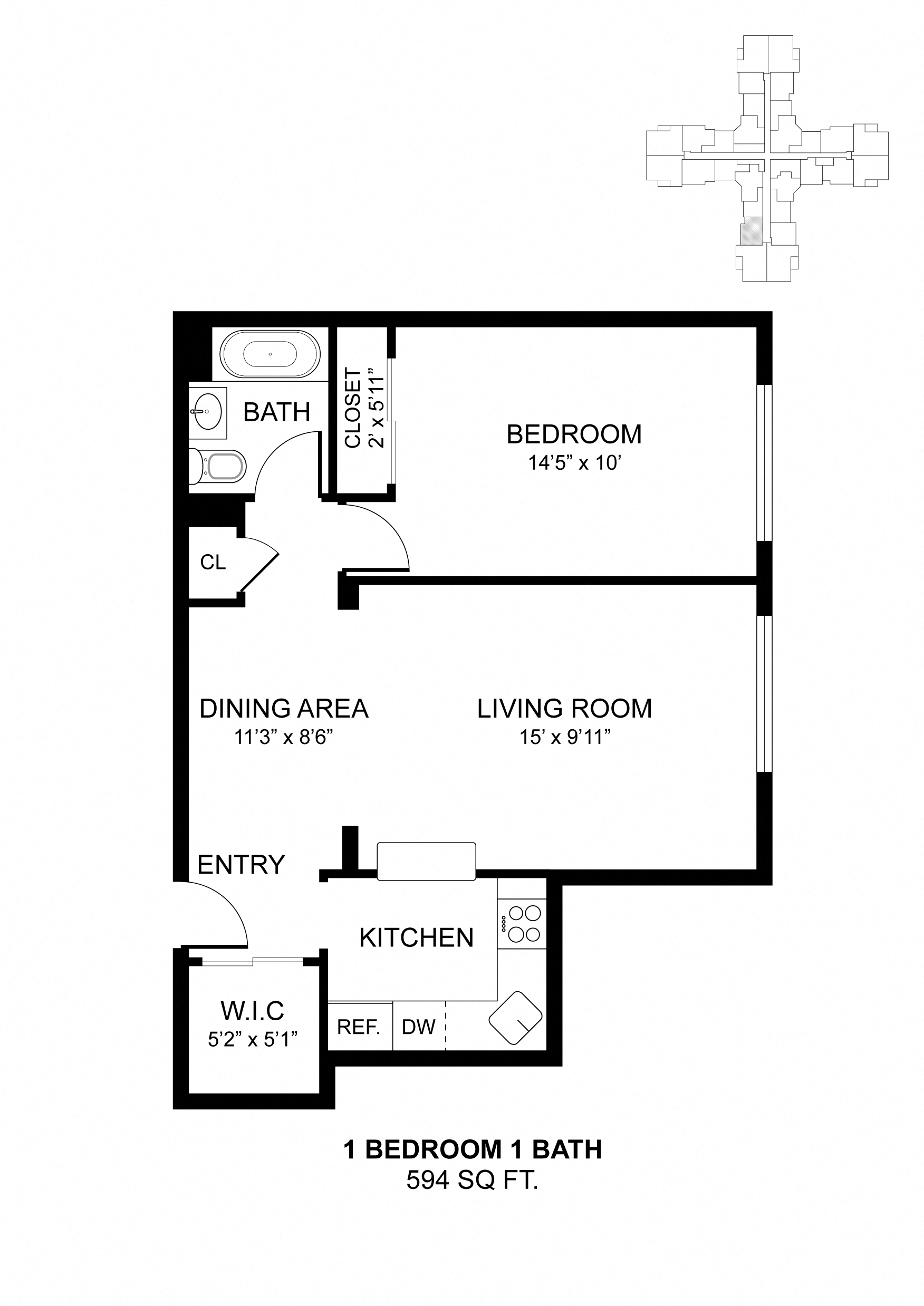Floor plan for 1 bed, 1 bath, 594 sqft