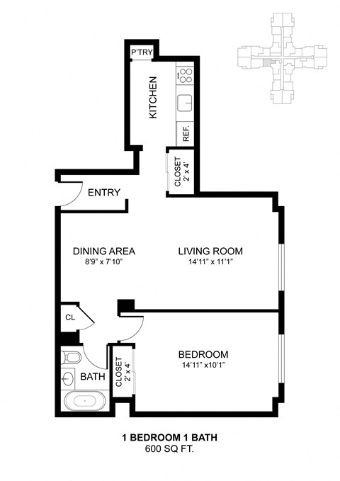 Floor plan for 1 bed, 1 bath, 600 sqft