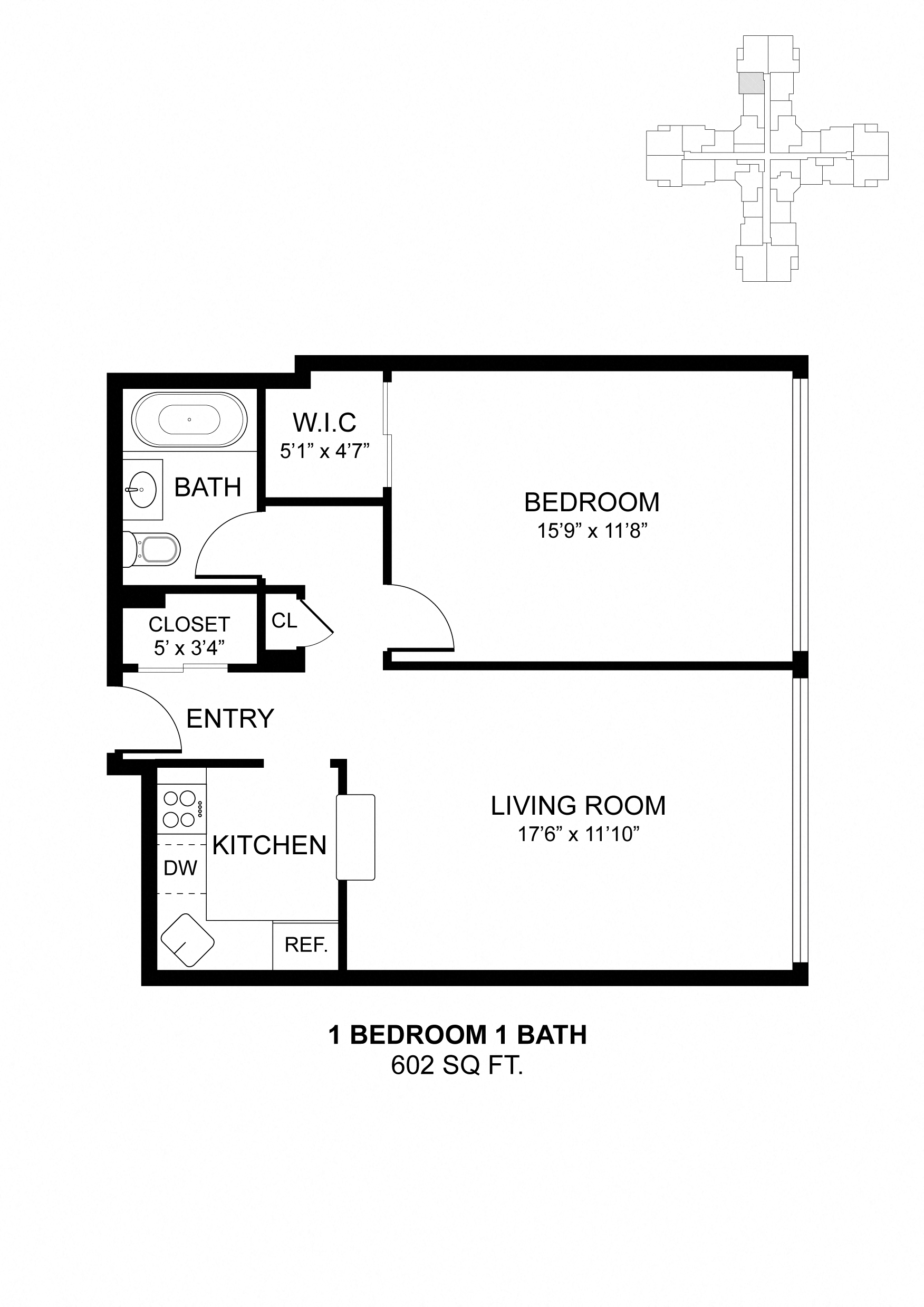 Floor plan for 1 bed, 1 bath, 602 sqft