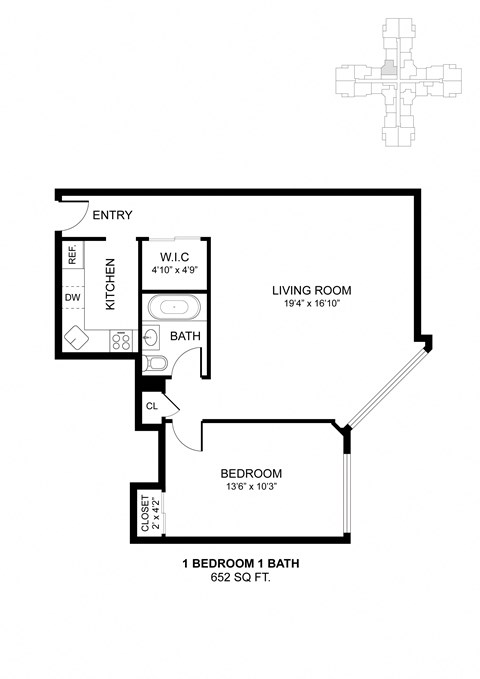 Floor plan for 1 bed, 1 bath, 652 sqft