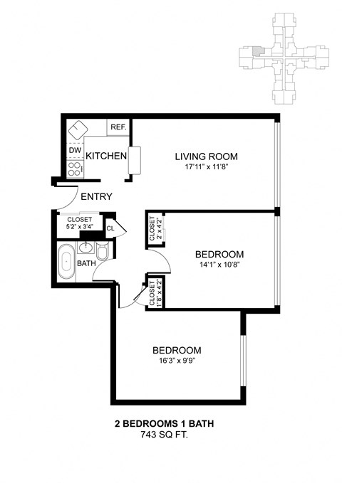 Floor plan for 2 beds, 1 bath, 743 sqft