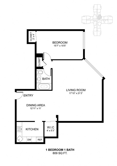 Floor plan for 1 bed, 1 bath, 809 sqft