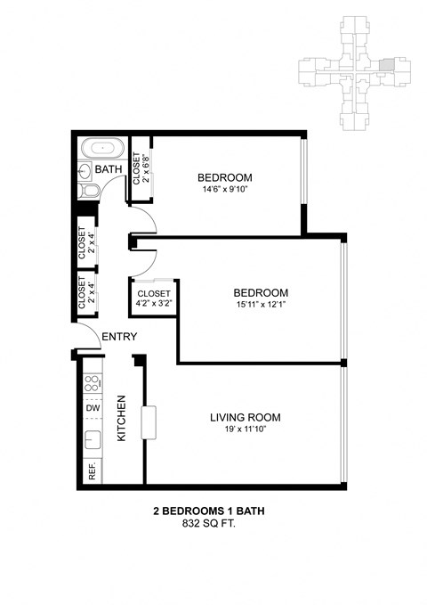 Floor plan for 2 beds, 1 bath, 832 sqft