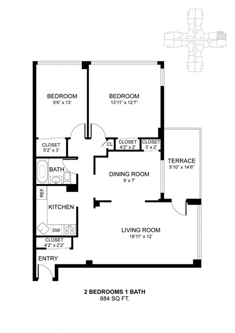 Floor plan for 2 beds, 1 bath, 884 sqft