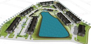 Lincoln apartment for rent - A blue pool is surrounded by apartment buildings.