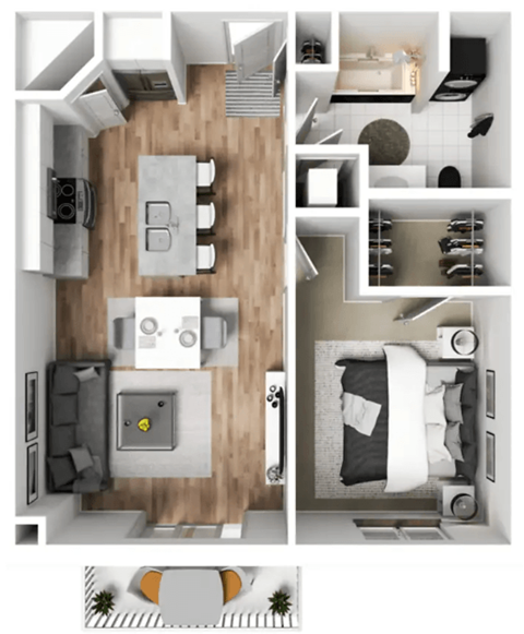 Floor plan for 1 bed, 1 bath, 719 sqft