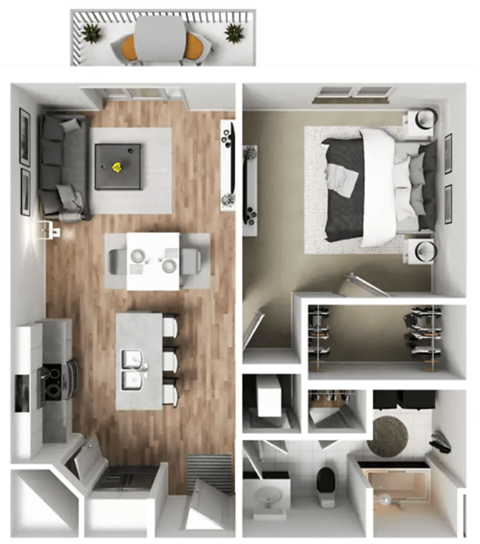 Floor plan for 1 bed, 1 bath, 777 sqft