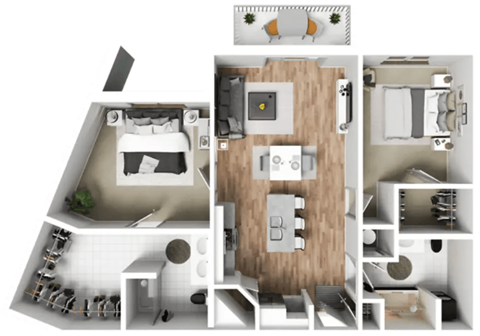Floor plan for 2 beds, 2 baths, 1114 sqft