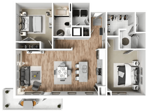 Floor plan for 2 beds, 2 baths, 1166 sqft