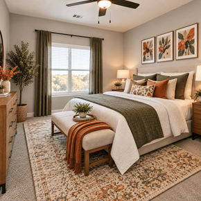 Lincoln apartment for rent - A bedroom with a large bed and a ceiling fan.