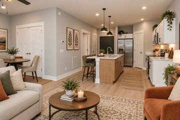 Lincoln apartment for rent - A well-lit, modern kitchen and living room with a dining table and chairs.