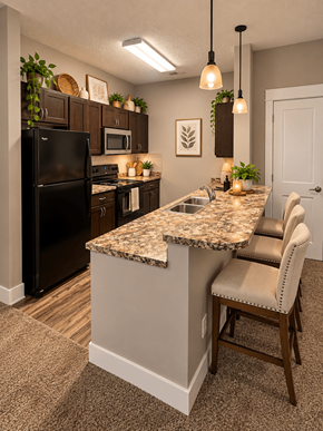 Lincoln apartment for rent - A kitchen with a black fridge and a granite counter top.