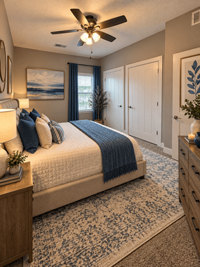 Lincoln apartment for rent - A bedroom with a large bed and a ceiling fan.