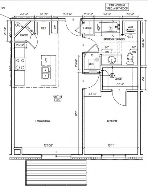 Floor plan for 1 bed, 1 bath, 719 sqft