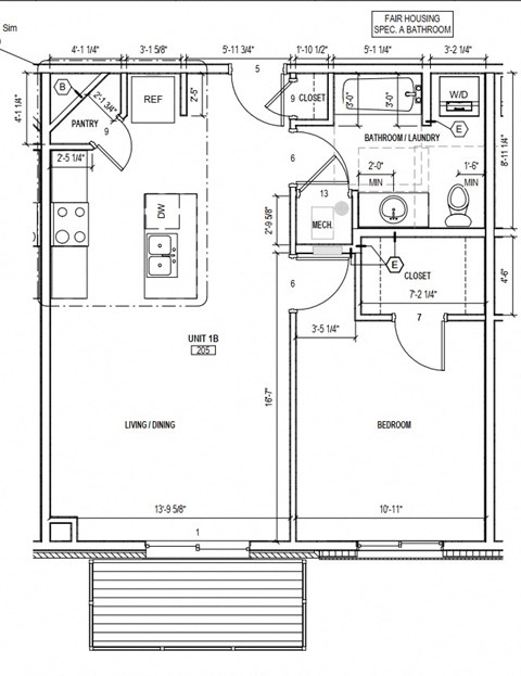 Floor plan for 1 bed, 1 bath, 719 sqft