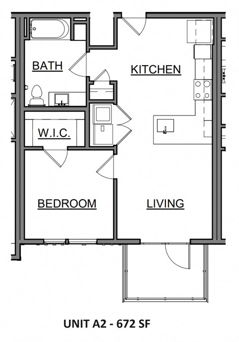 Floor plan for 1 bed, 1 bath, 672 sqft