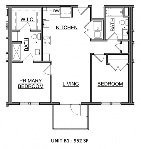 Floor plan for 2 beds, 1 bath, 1099 sqft