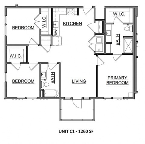 Floor plan for 3 beds, 2 baths, 1388 sqft
