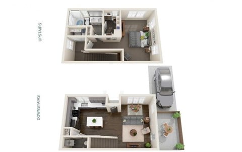 Floor plan for 1 bed, 1.5 baths, 851 sqft