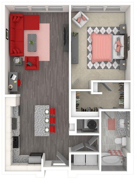 Floor plan for 1 bed, 1 bath, 837 sqft