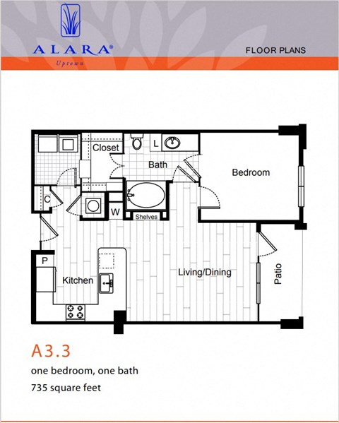 Floor plan for 1 bed, 1 bath, 735 sqft