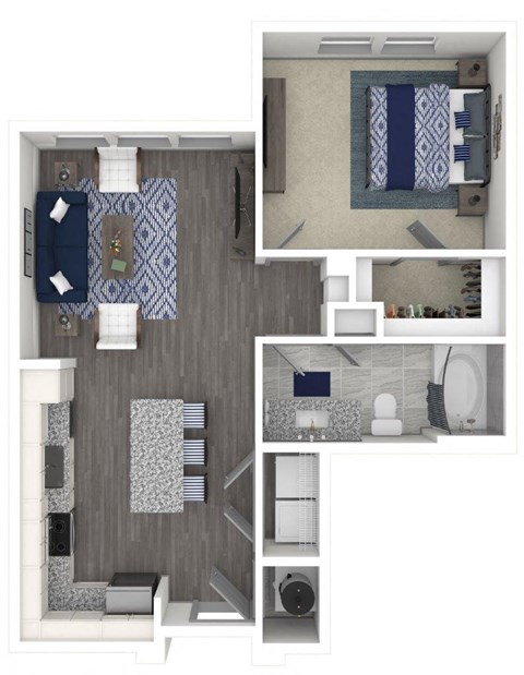 Floor plan for 1 bed, 1 bath, 716 sqft