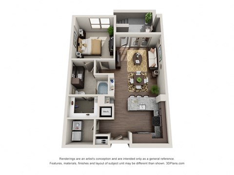 Floor plan for 1 bed, 1 bath, 753 sqft