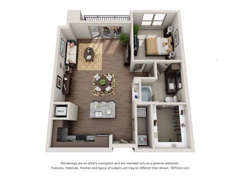 Floor plan for 1 bed, 1 bath, 865 sqft