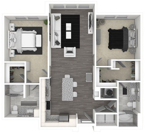 Floor plan for 2 beds, 2 baths, 1127 sqft