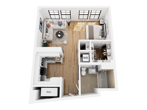 Floor plan for studio, 1 bath, 646 sqft