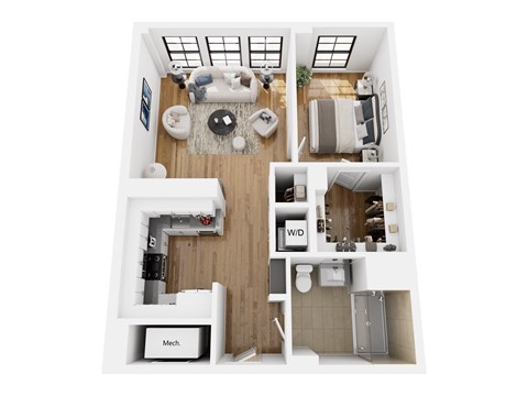 Floor plan for 1 bed, 1 bath, 678 sqft