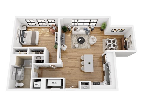 Floor plan for 1 bed, 1 bath, 933 sqft
