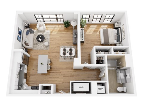 Floor plan for 1 bed, 1 bath, 939 sqft