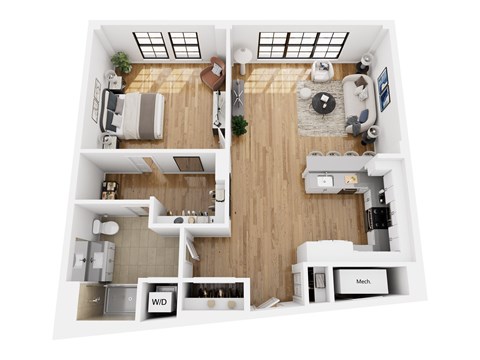 Floor plan for 1 bed, 1 bath, 1057 sqft