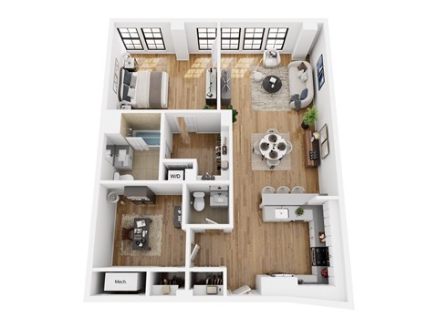 Floor plan for 1 bed, 1.5 baths, 1107 sqft
