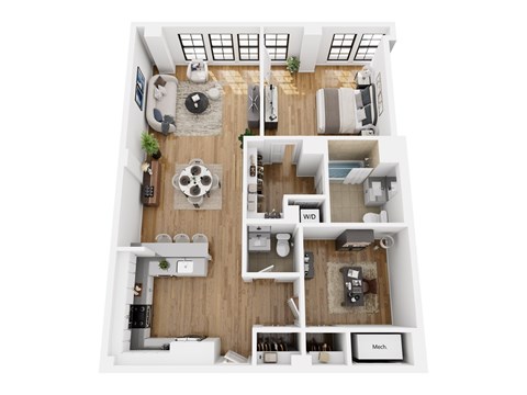 Floor plan for 1 bed, 1.5 baths, 1117 sqft