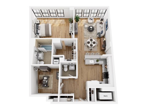 Floor plan for 1 bed, 1.5 baths, 1138 sqft
