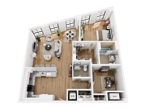 Floor plan for 1 bed, 1.5 baths, 1285 sqft