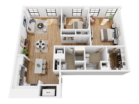 Floor plan for 2 beds, 2 baths, 1328 sqft