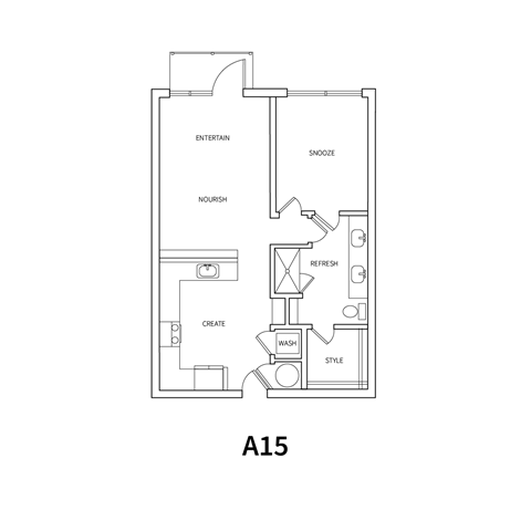 Floor plan for 1 bed, 1 bath, 823 sqft
