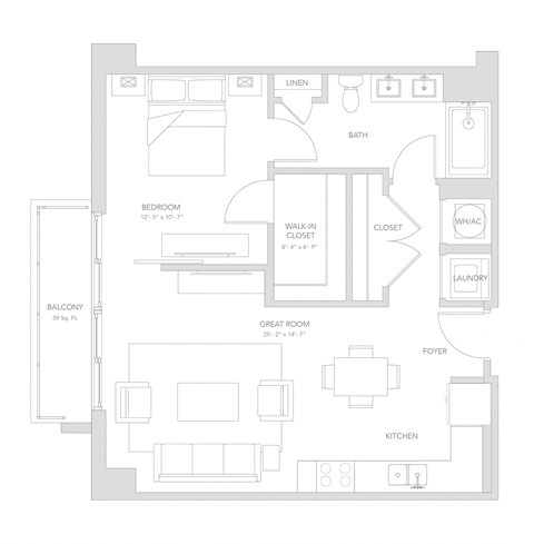 Floor plan for 1 bed, 1 bath, 733 sqft