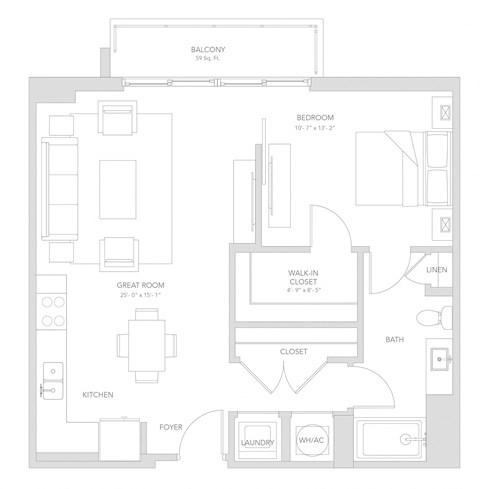 Floor plan for 1 bed, 1 bath, 765 sqft