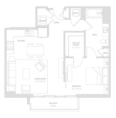 Floor plan for 1 bed, 1 bath, 742 sqft