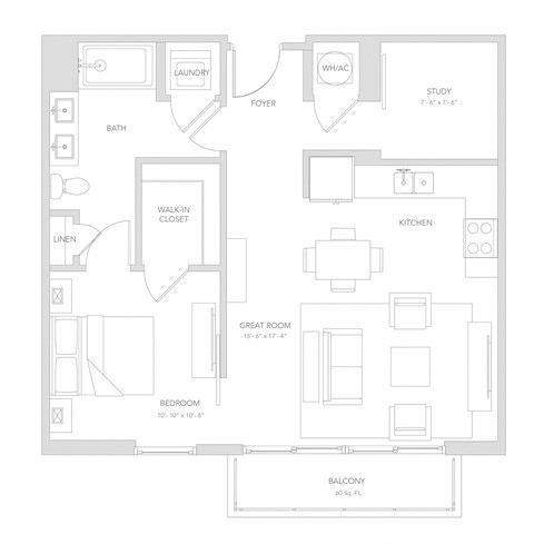 Floor plan for 1 bed, 1 bath, 775 sqft
