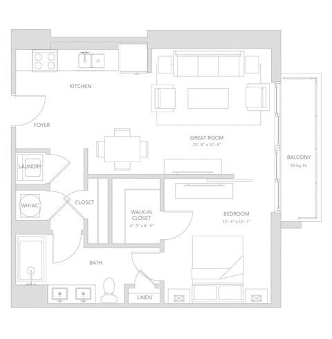 Floor plan for 1 bed, 1 bath, 695 sqft