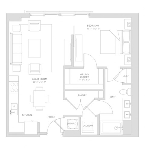 Floor plan for 1 bed, 1 bath, 707 sqft