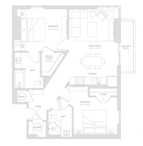 Floor plan for 2 beds, 2 baths, 1027 sqft