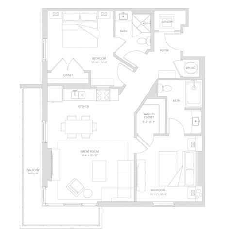 Floor plan for 2 beds, 2 baths, 1027 sqft
