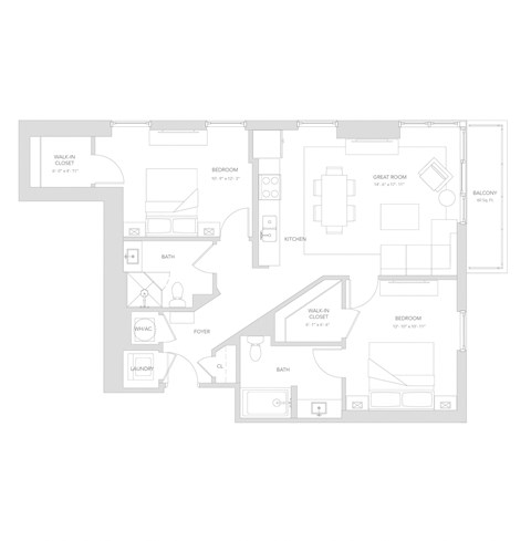 Floor plan for 2 beds, 2 baths, 1021 sqft