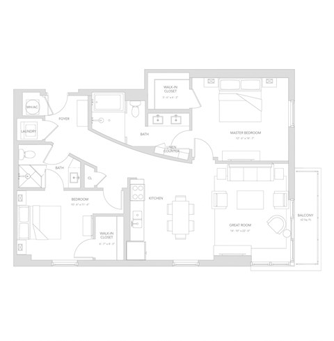 Floor plan for 2 beds, 2 baths, 1180 sqft